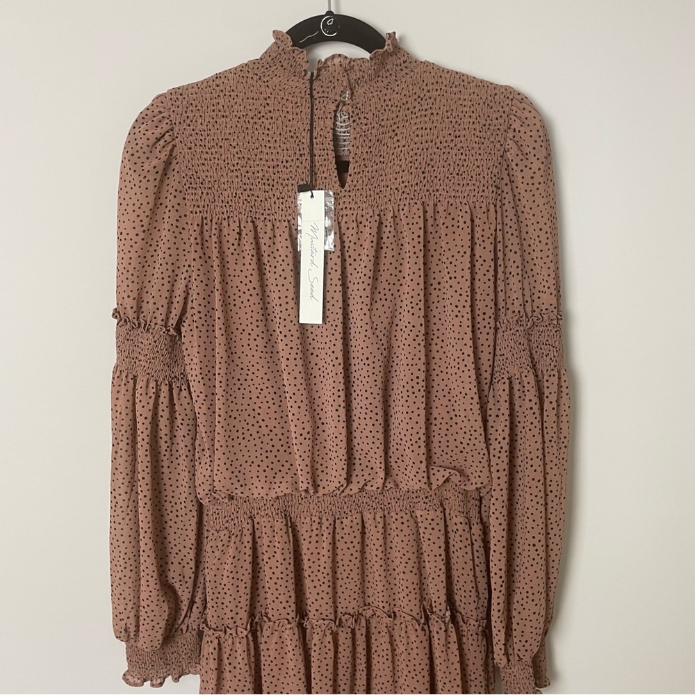 Mustard Seed: Mini Mock Neck Beige Black Polka Dot Dress Size M  Long sleeve - Picture 4 of 8